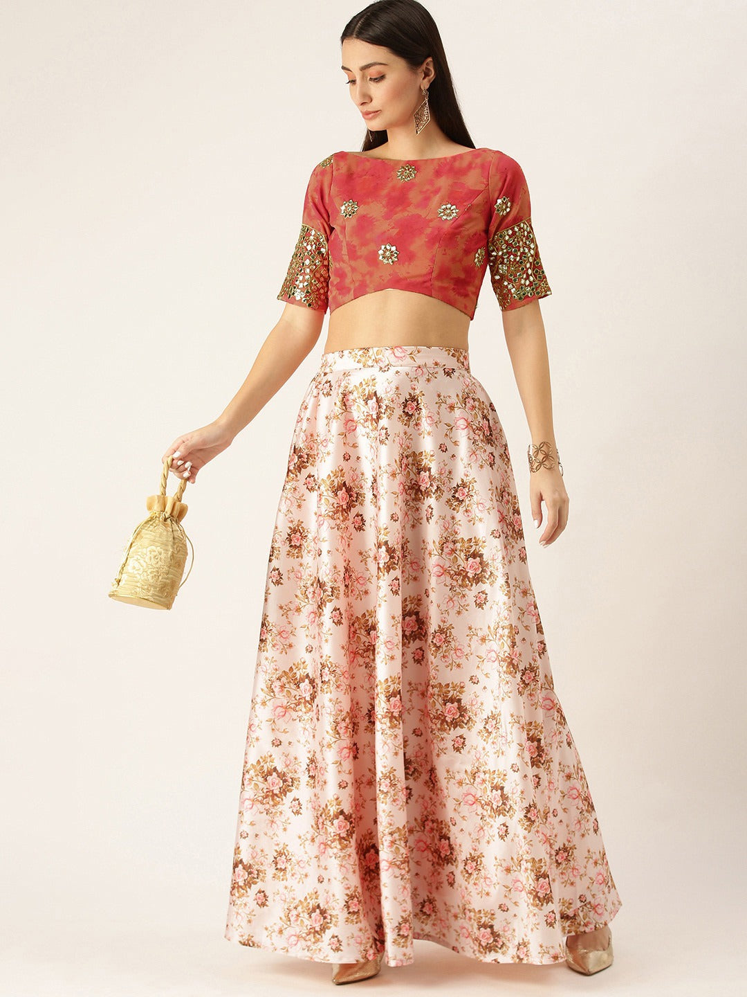 Bollywood Vogue Ready To Wear Pink N Red Gota Embroidered Crop Top N Skirt - Side View