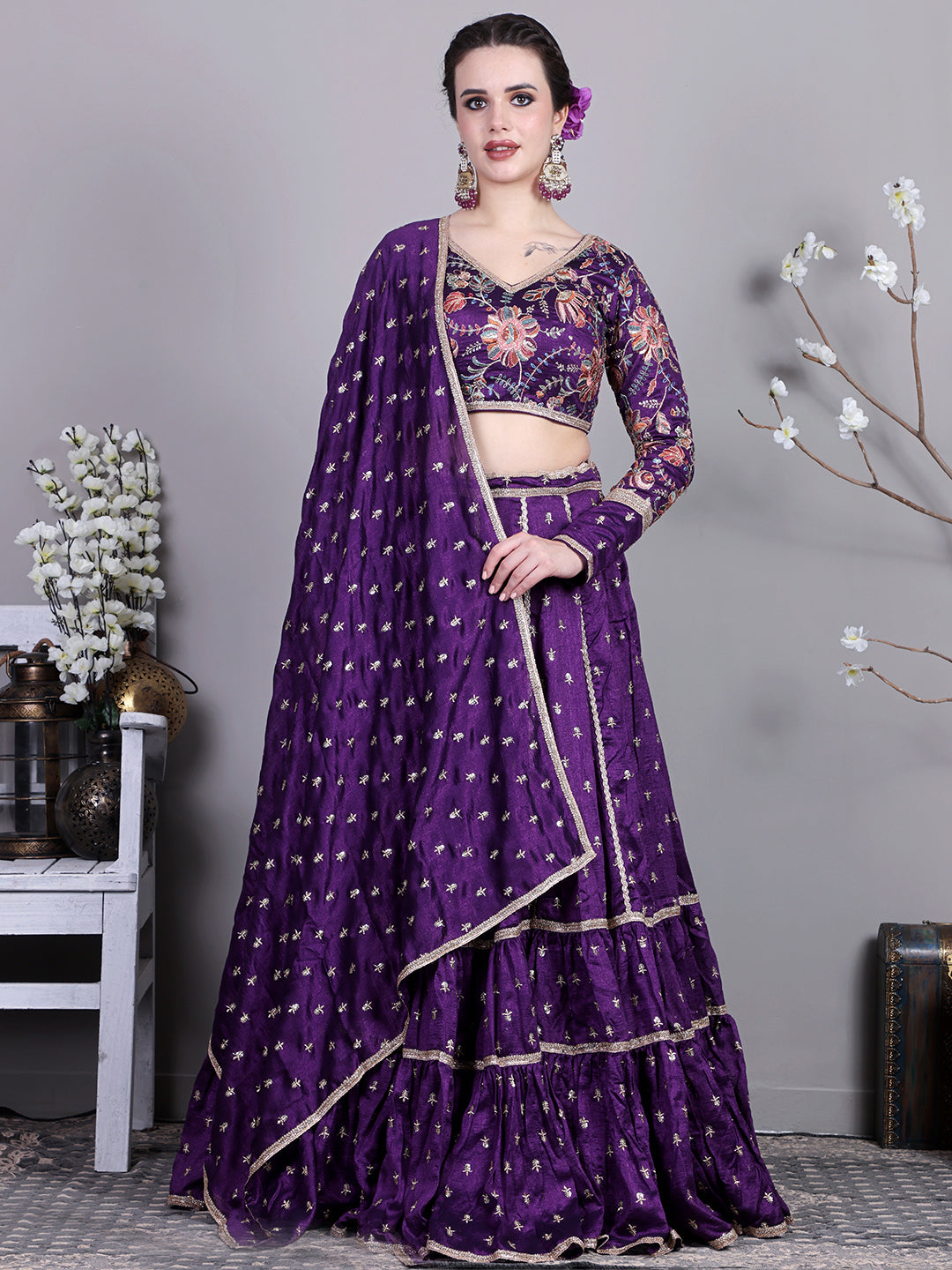 Bollywood Vogue Ready To Wear Classic Blouse With Art Silk N Net Lehenga Set - Front View
