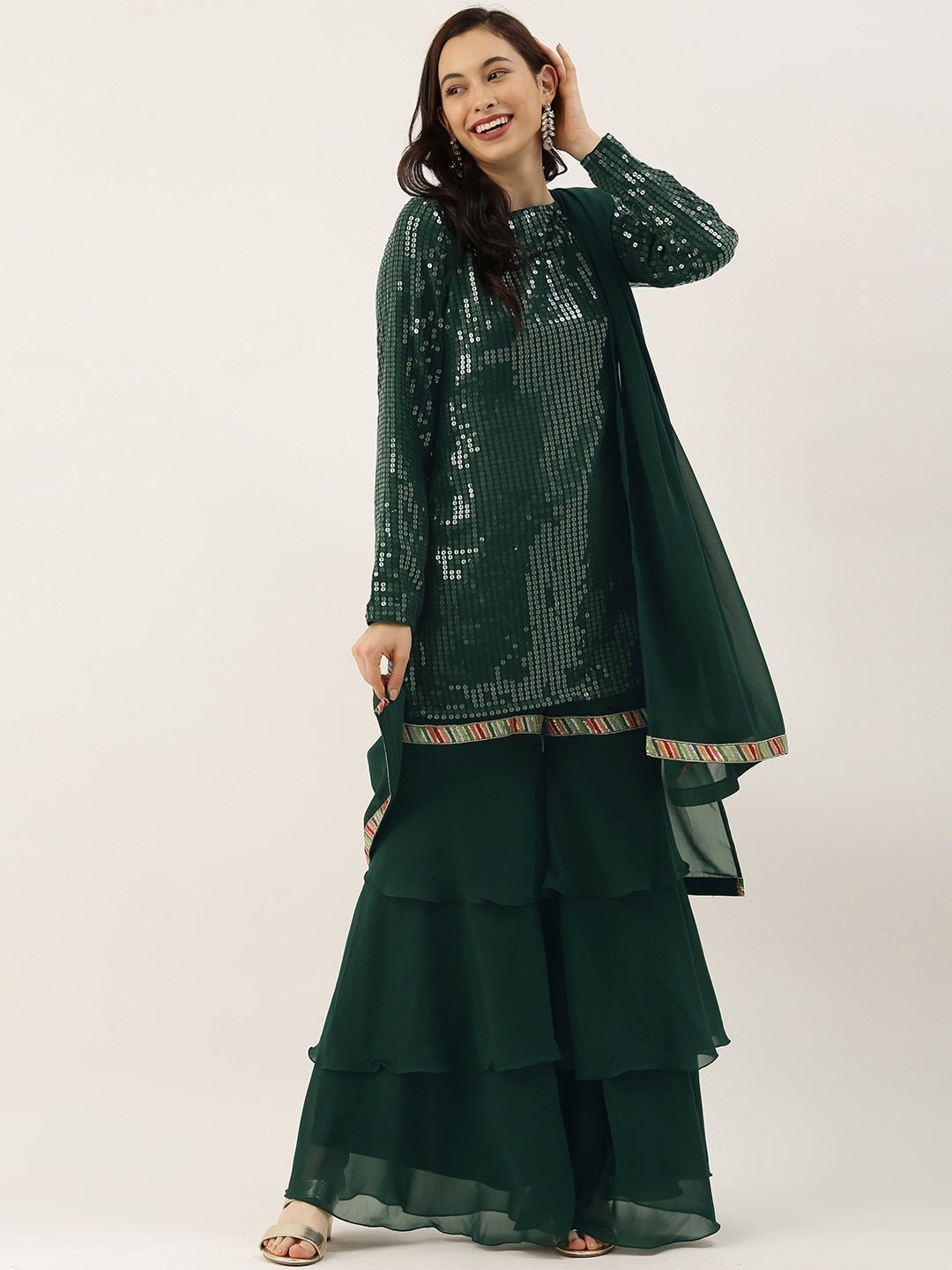 Bollywood Vogue Ready To Wear Green Georgette Embroidered Layered Gharara Suit - Look Shot