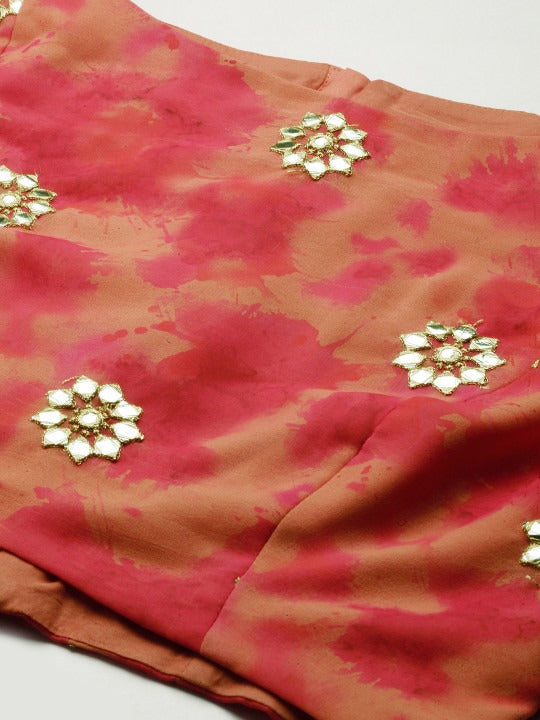 Bollywood Vogue Ready To Wear Pink N Red Gota Embroidered Crop Top N Skirt - Look Shot