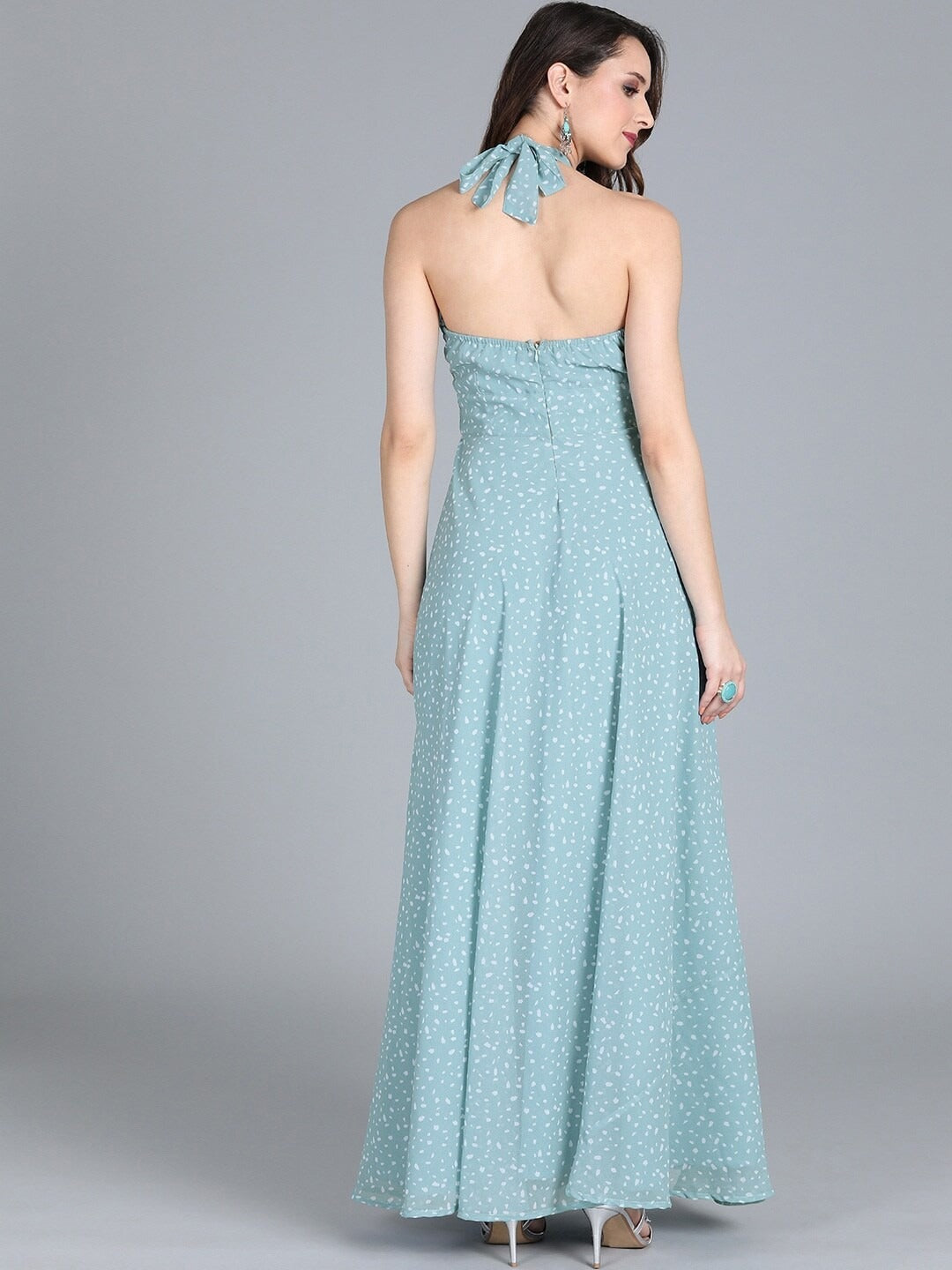 Bollywood Vogue Ready To Wear Blue Halter Neck Georgette Gown - Back View