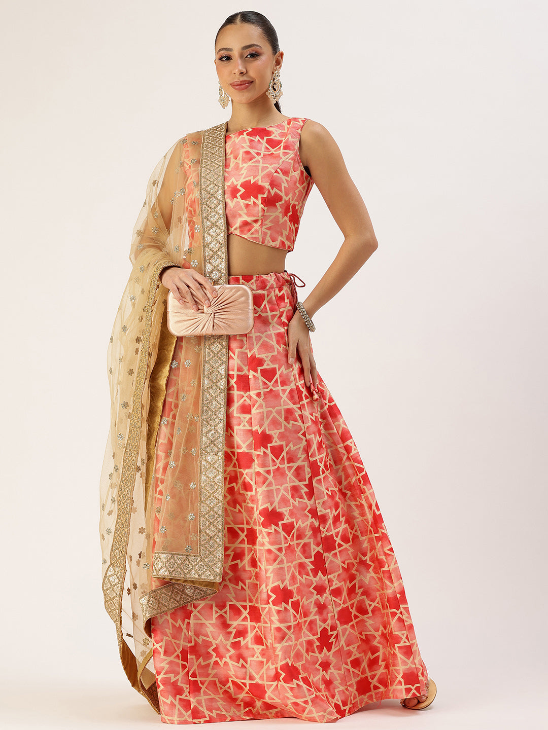 Bollywood Vogue Ready To Wear Red Cotton Printed Kali Style Lehenga Set - Detail View