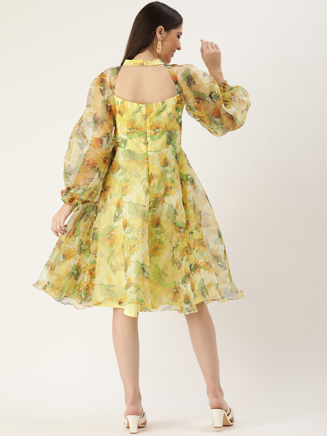Bollywood Vogue Ready To Wear Yellow Organza Mini Dress - Back View