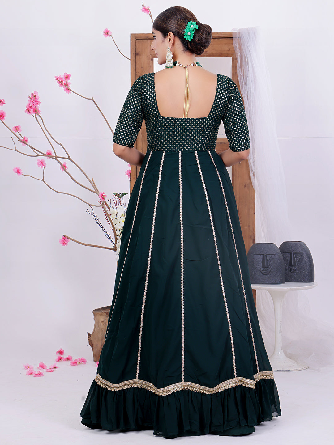 Bollywood Vogue Ready To Wear Green Embroidered Georgette Kali Gown - Back View