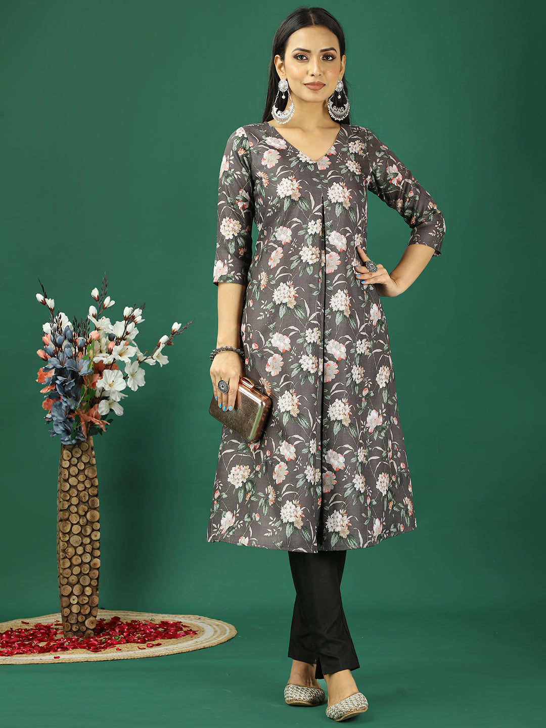 Bollywood Vogue Ready To Wear Grey Printed Cotton Box Pleat Style Kurta Set - Detail View