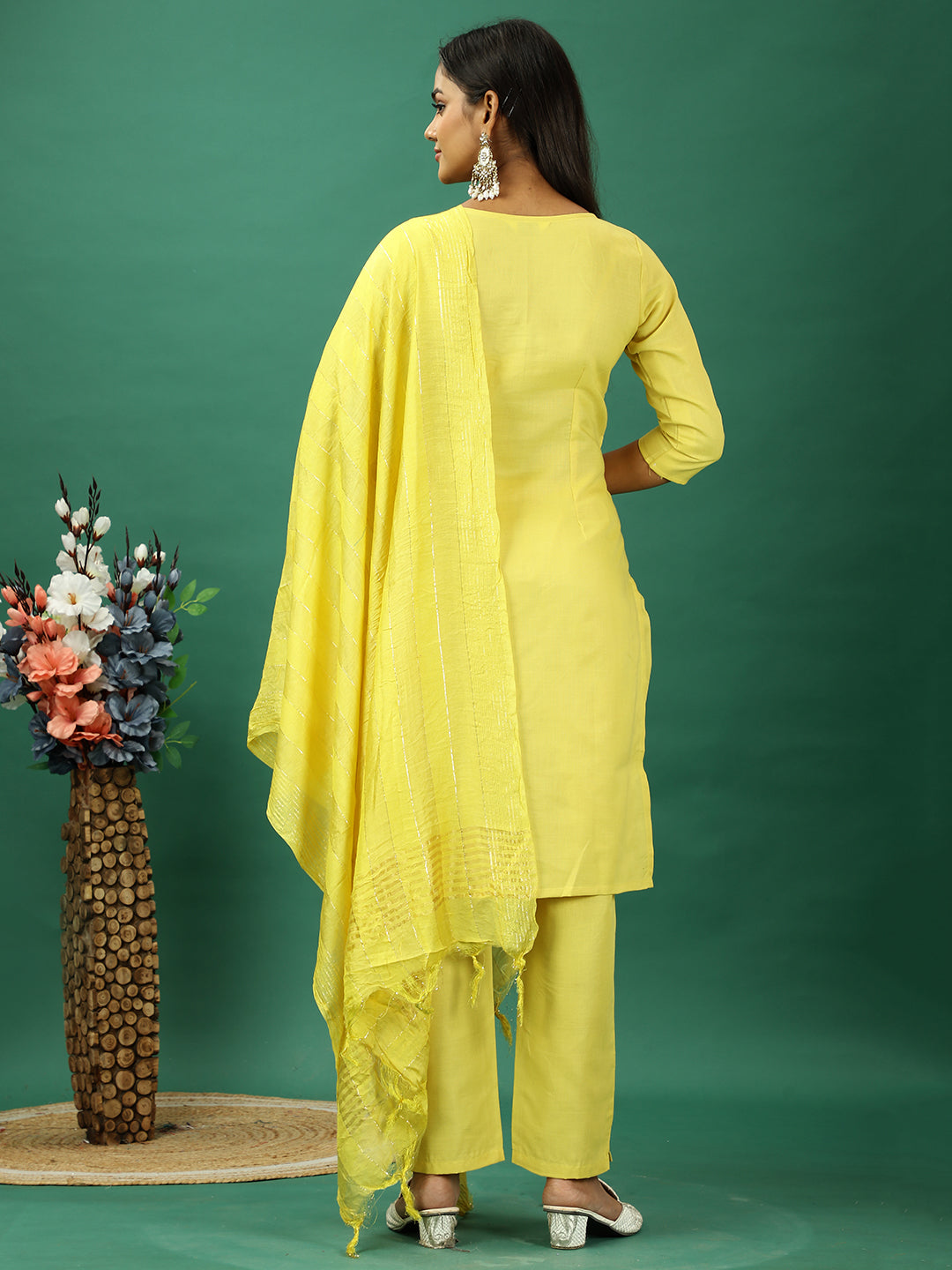 Bollywood Vogue Ready To Wear Yellow Rayon Embroidered Straight Pant Suit - Back View