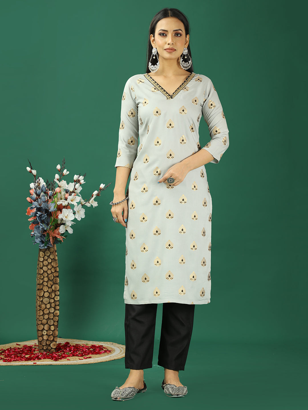 Bollywood Vogue Ready To Wear Grey Rayon Foil Printed Kurta Set - Look Shot
