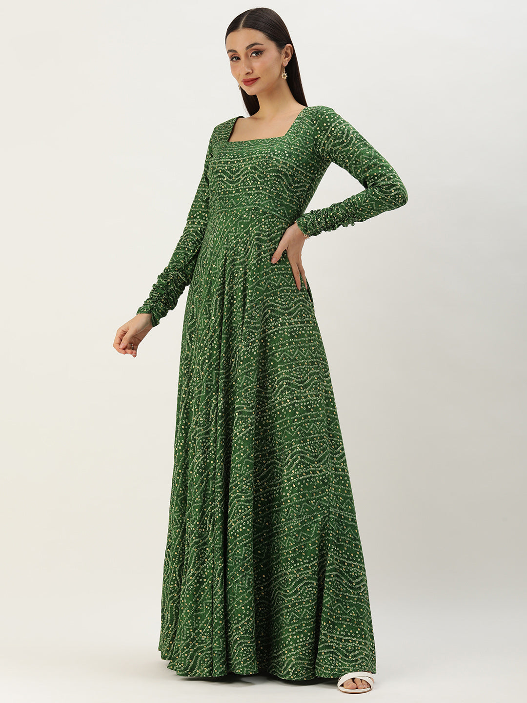 Bollywood Vogue Ready To Wear Green Bandhani Printed Rayon Gown With Dupatta Set - Detail View