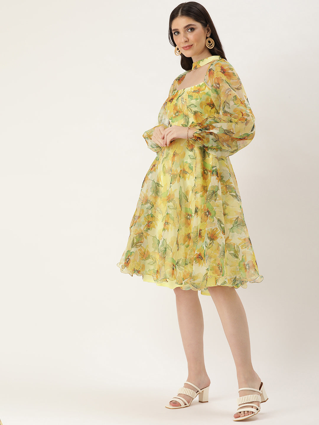 Bollywood Vogue Ready To Wear Yellow Organza Mini Dress - Side View
