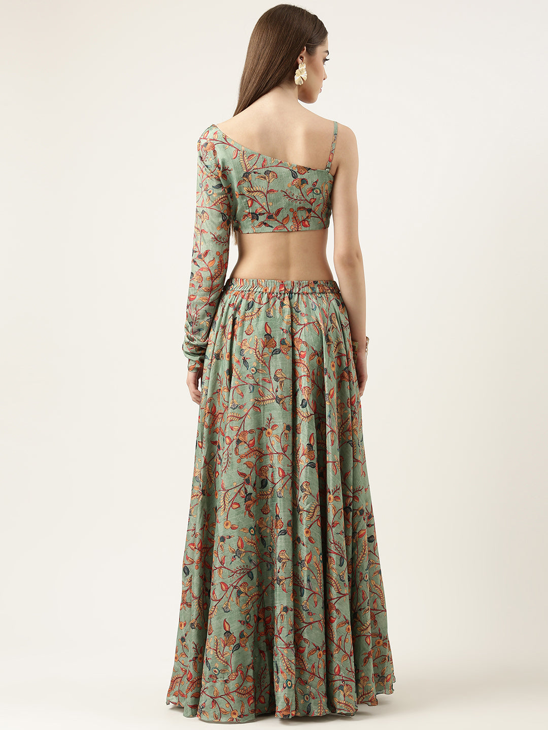 Bollywood Vogue Ready To Wear Green Chinon Printed Skirt Set - Back View