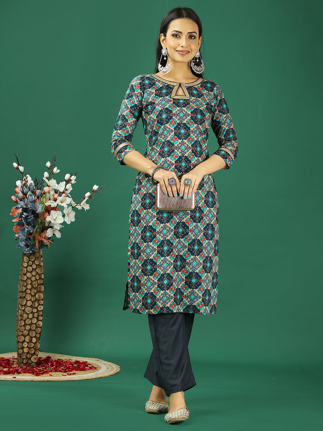 Bollywood Vogue Ready To Wear Multicolored Printed Viscose Kurta Set - Front View