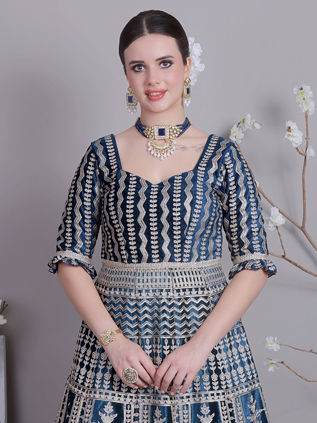 Bollywood Vogue Ready To Wear Classic Top With Teal Blue Velvet Anarkali Suit - Look Shot