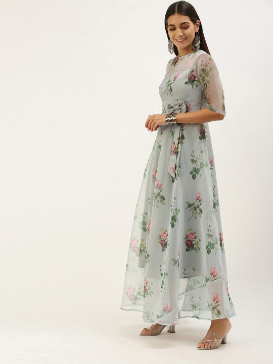 Bollywood Vogue Ready To Wear Grey Organza Digital Printed Dress - Side View