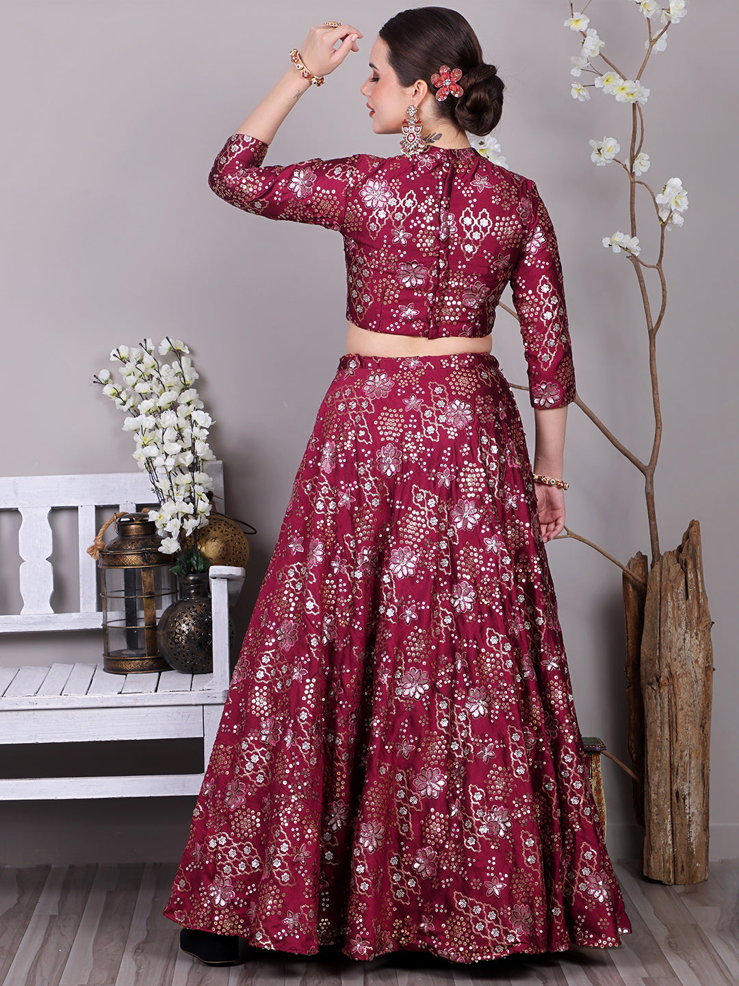 Bollywood Vogue Ready To Wear Classic Blouse With Wine Embroidered Lehenga Set - Detail View