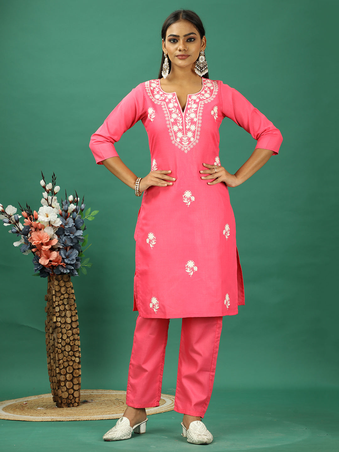 Bollywood Vogue Ready To Wear Pink Rayon Embroidered Straight Pant Suit - Side View