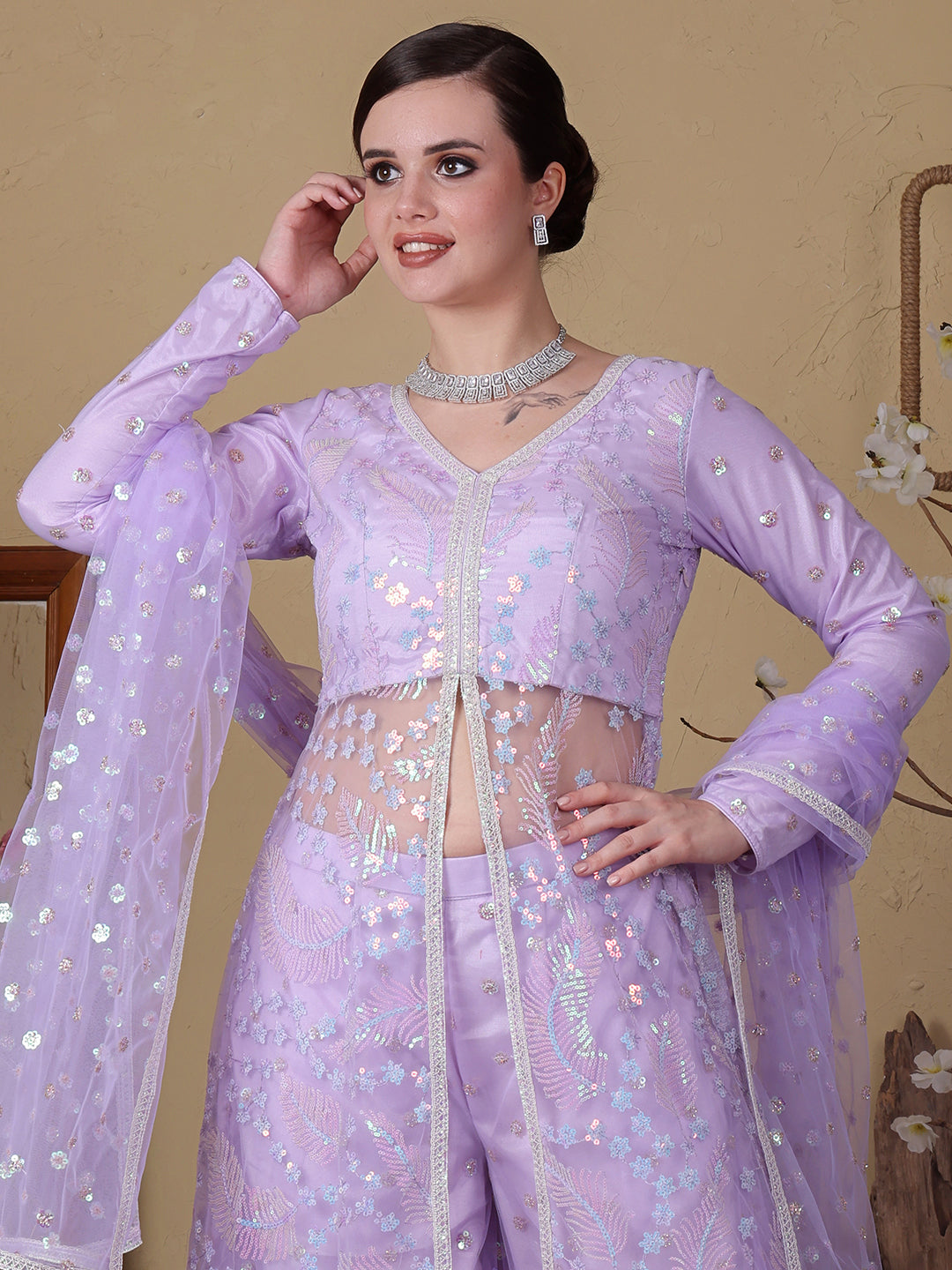 Bollywood Vogue Ready To Wear Chic Top With Net Embroidered Anarkali Palazzo Suit - Look Shot