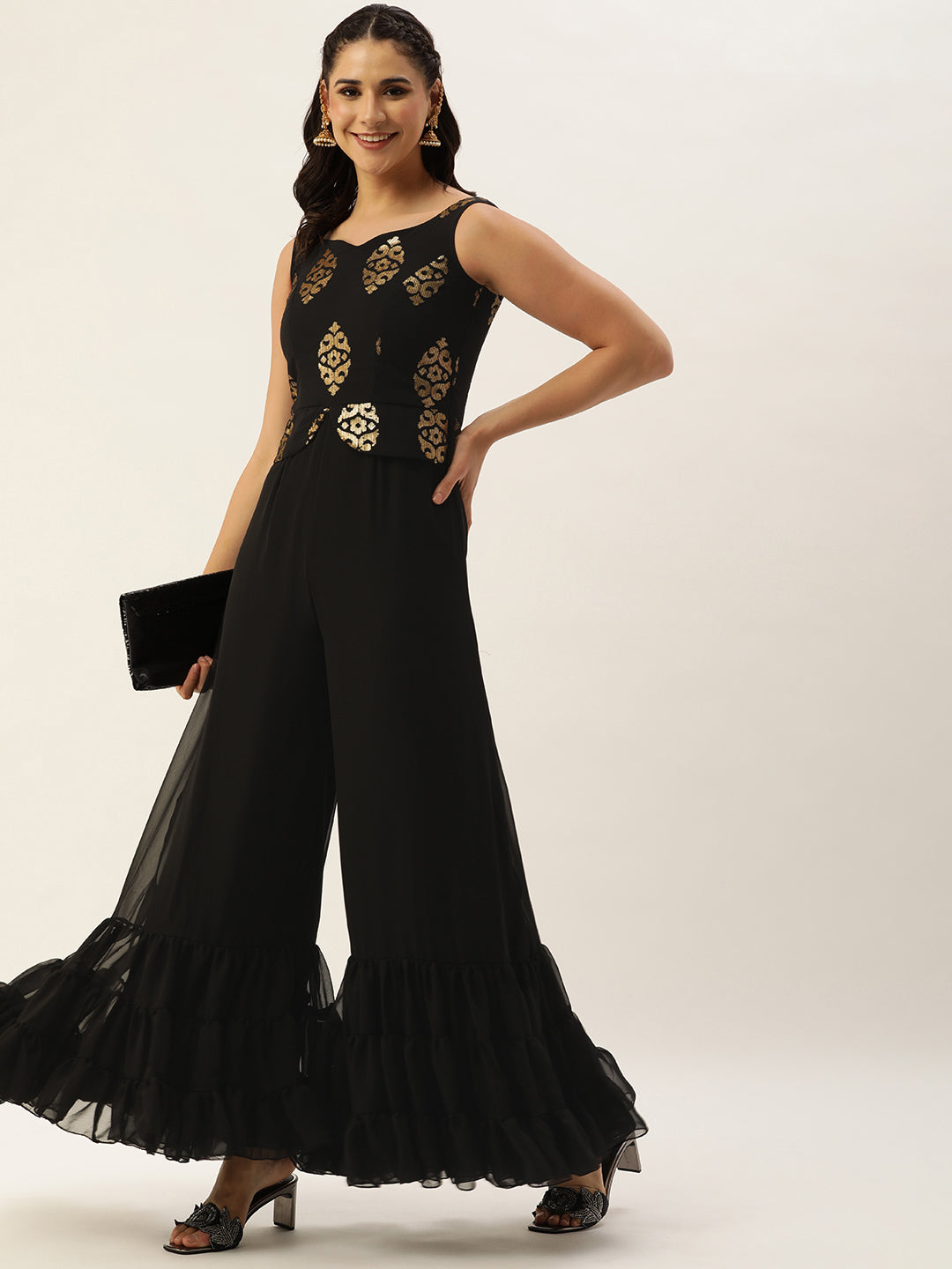 Bollywood Vogue Ready To Wear Black Georgette Sequins Jumpsuit - Detail View