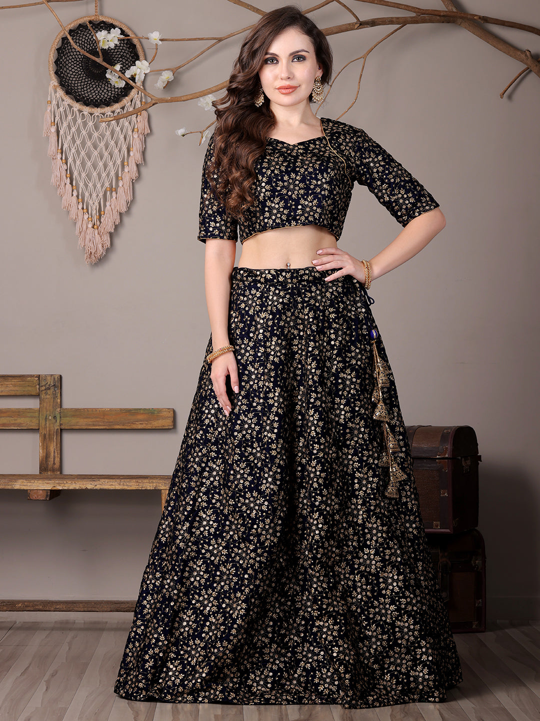 Bollywood Vogue Ready To Wear Blue Embroidered Velvet Lehenga - Detail View