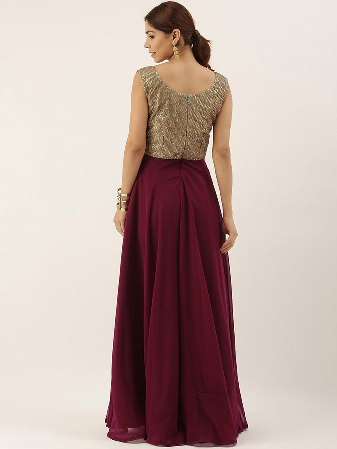 Bollywood Vogue Ready To Wear Gold Sequins N Purple Georgette Flared Gown - Back View