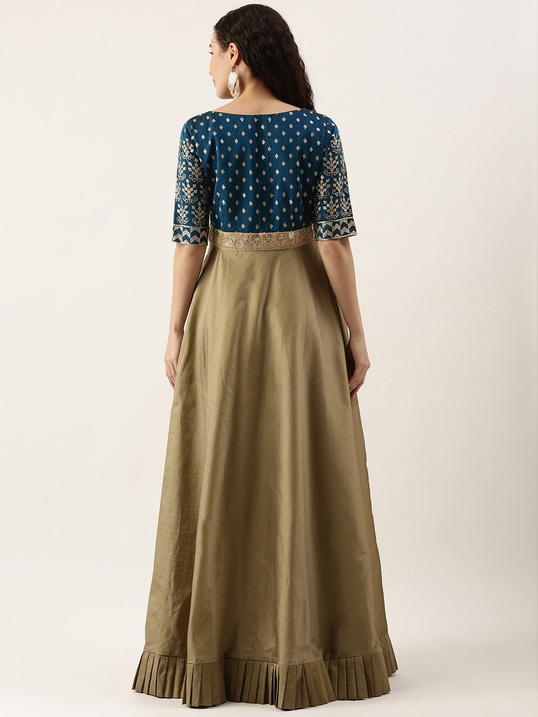 Bollywood Vogue Ready To Wear Blue Chanderi N Prairie Sand Floor Length Gown - Back View