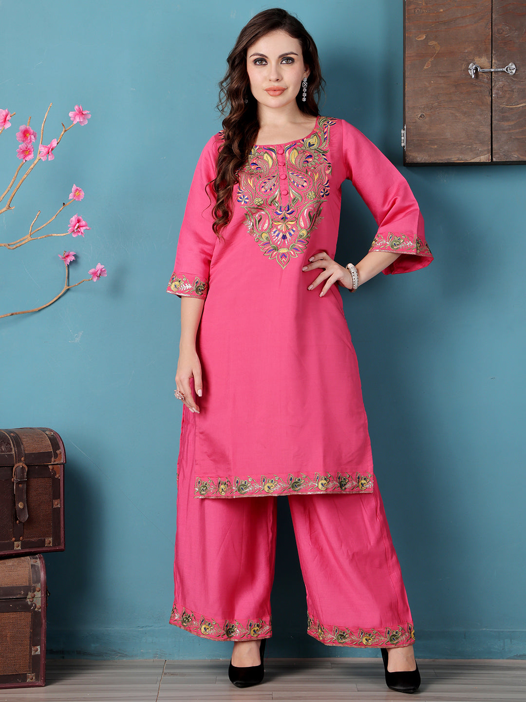 Bollywood Vogue Ready To Wear Pink Art Silk Embroidered Kurta Sets - Front View