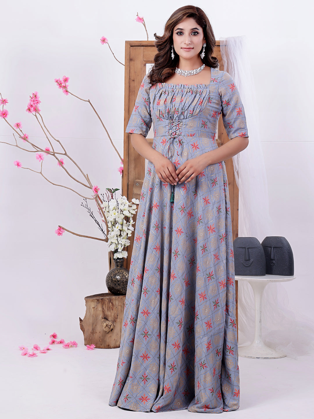 Bollywood Vogue Ready To Wear Blue Foil Print Floor Length Gown - Side View