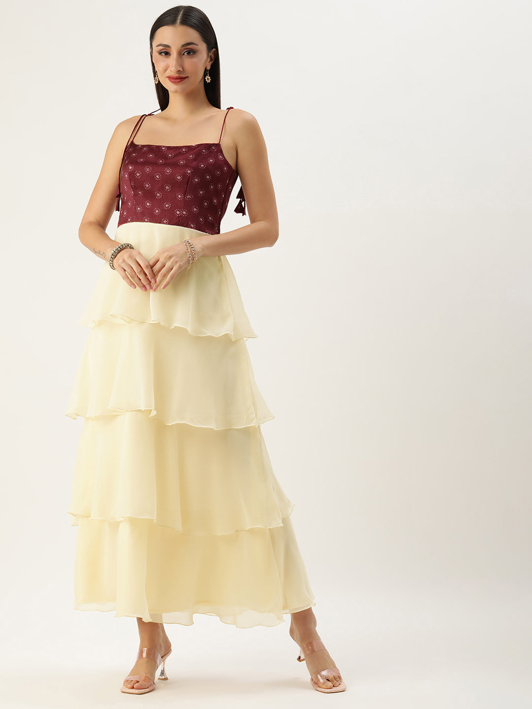 Bollywood Vogue Ready To Wear Maroon Art Silk Printed N Off White Layered Dress - Front View
