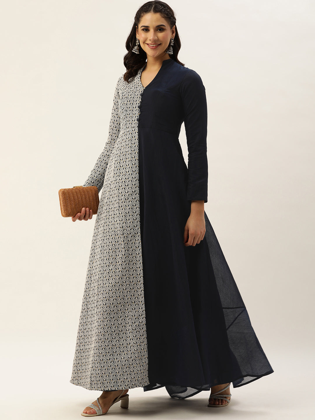 Bollywood Vogue Ready To Wear Blue Embroidered Art Silk Half N Half Gown - Detail View