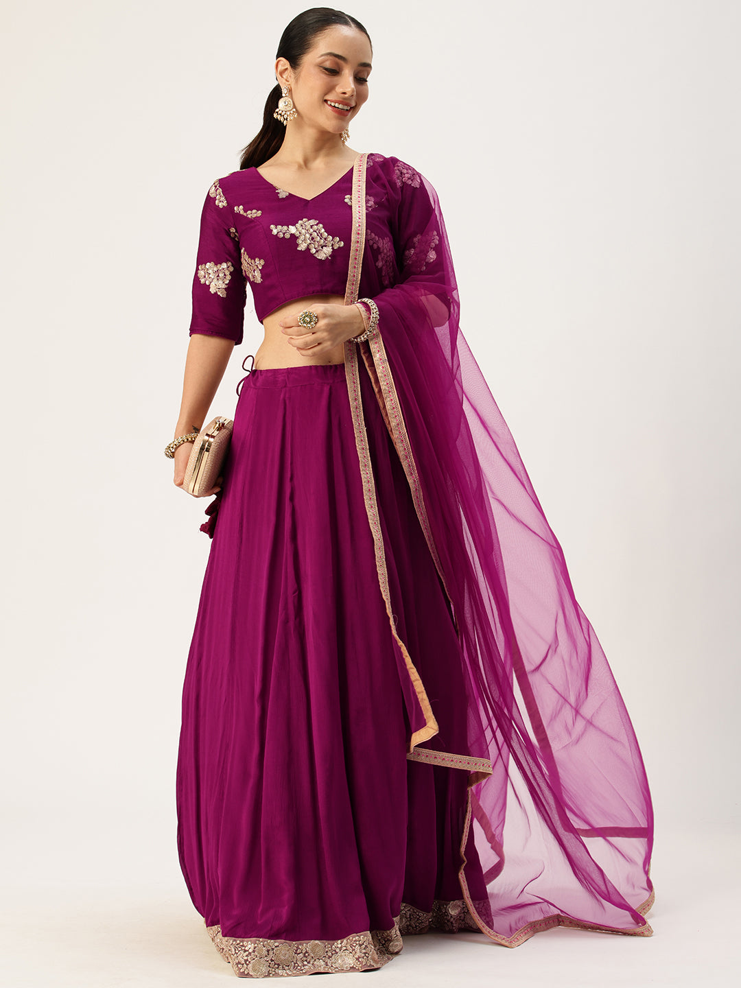 Bollywood Vogue Ready To Wear Purple Chinon Embroidered Lehenga Set - Additional View 2
