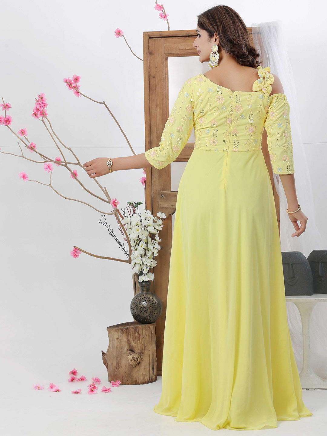 Bollywood Vogue Ready To Wear Yellow Georgette One Shoulder Style Gown - Back View