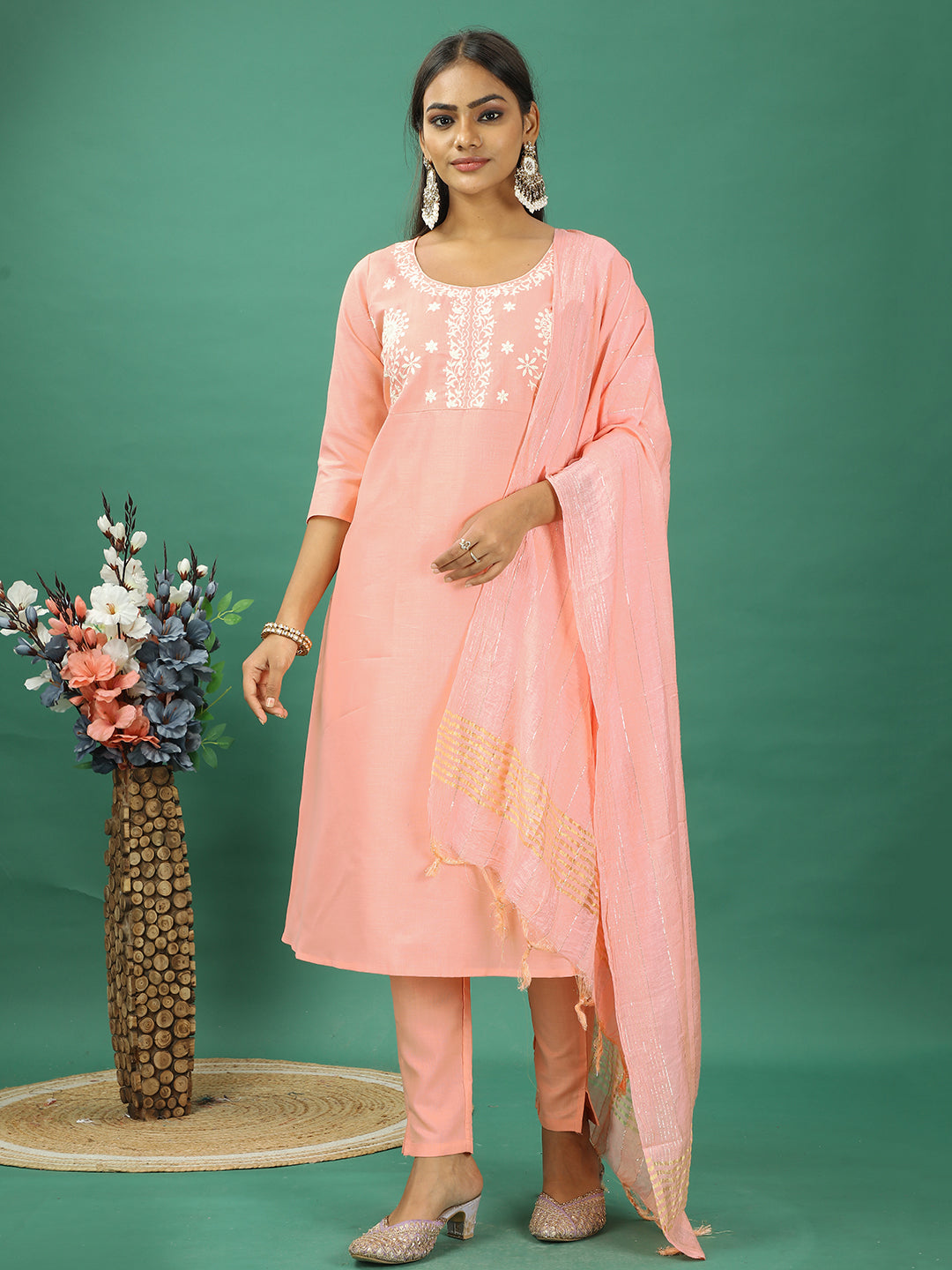 Bollywood Vogue Ready To Wear Peach Rayon Embroidered Narrow Straight Pant Suit - Front View