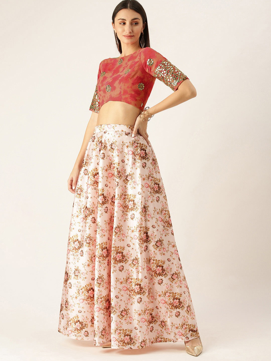 Bollywood Vogue Ready To Wear Pink N Red Gota Embroidered Crop Top N Skirt - Front View