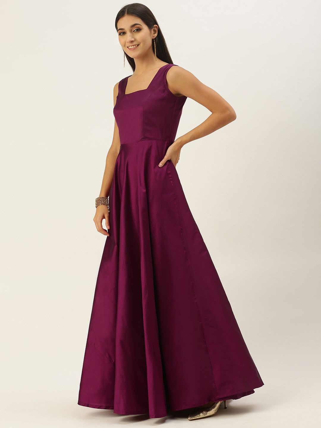 Bollywood Vogue Ready To Wear Dark Purple N Mustard Jacket Style Gown - Side View