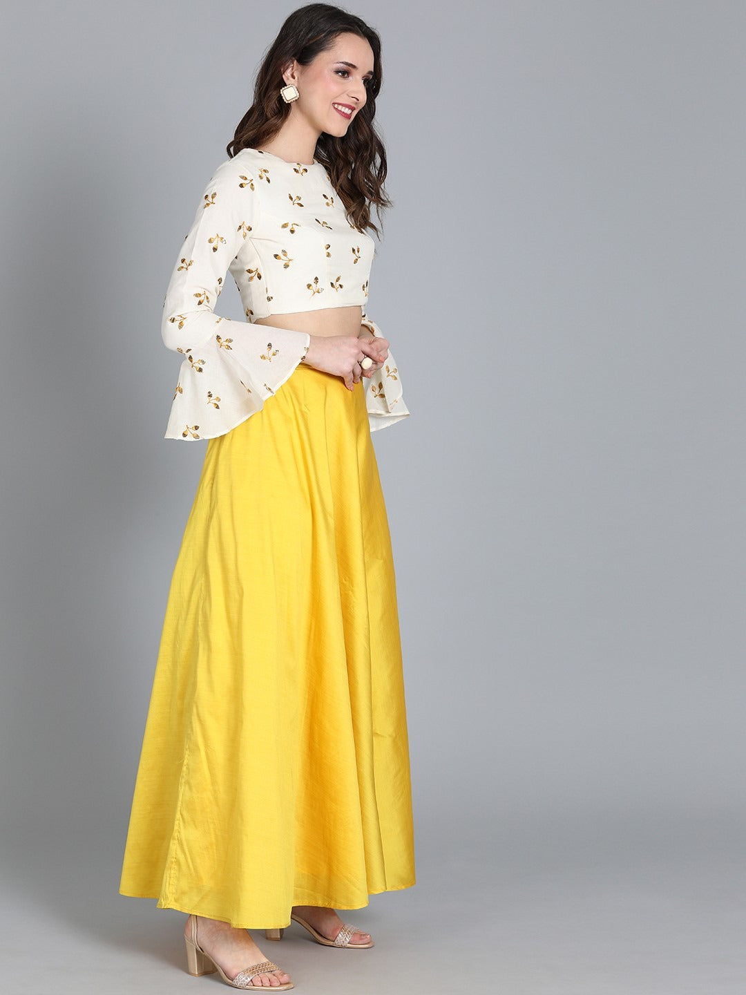 Bollywood Vogue Ready To Wear Off White Embroidered Crop Top N Skirt - Additional View 1
