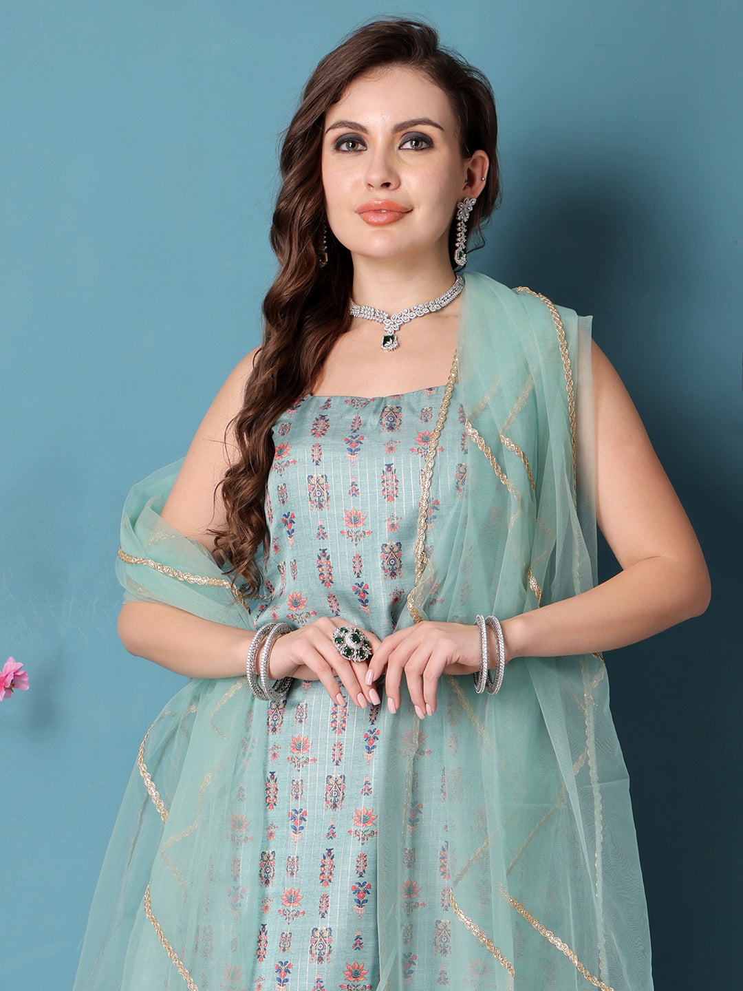 Bollywood Vogue Ready To Wear Green Art Silk Digital Printed Gharara Suit - Look Shot