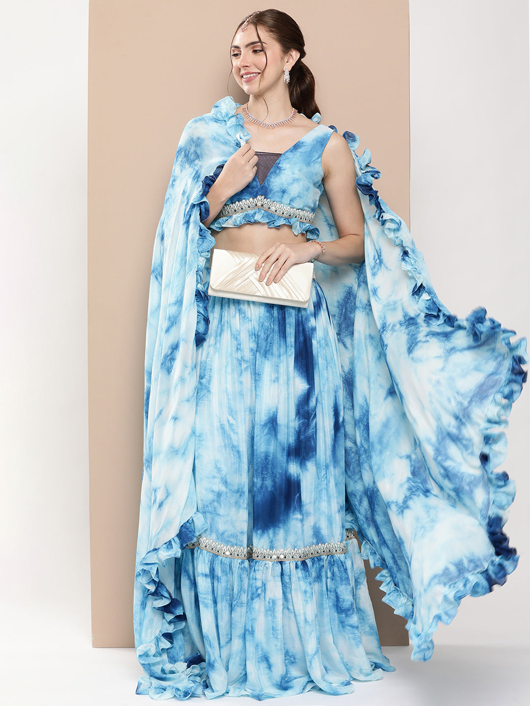 Bollywood Vogue Ready To Wear Multicolored Tie Dye Chinon Lehenga Set - Front View