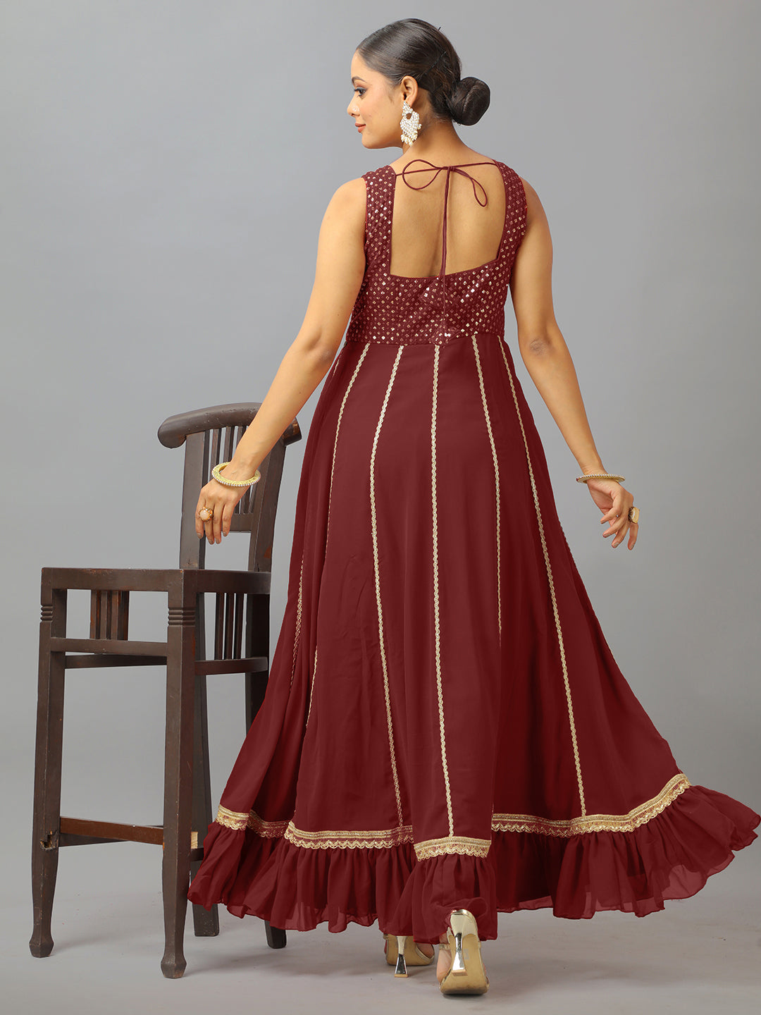 Bollywood Vogue Ready To Wear Maroon Embroidered Georgette Kali Gown - Back View
