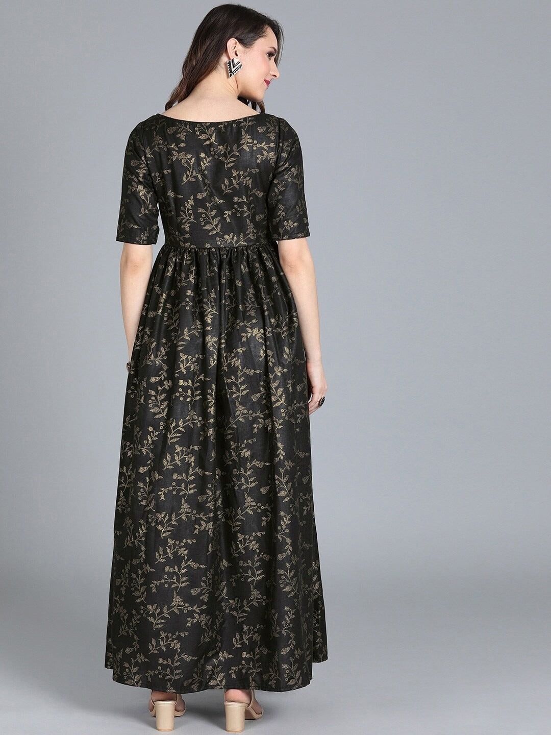 Bollywood Vogue Ready To Wear Black Printed Rayon Boat Neck Gown - Back View