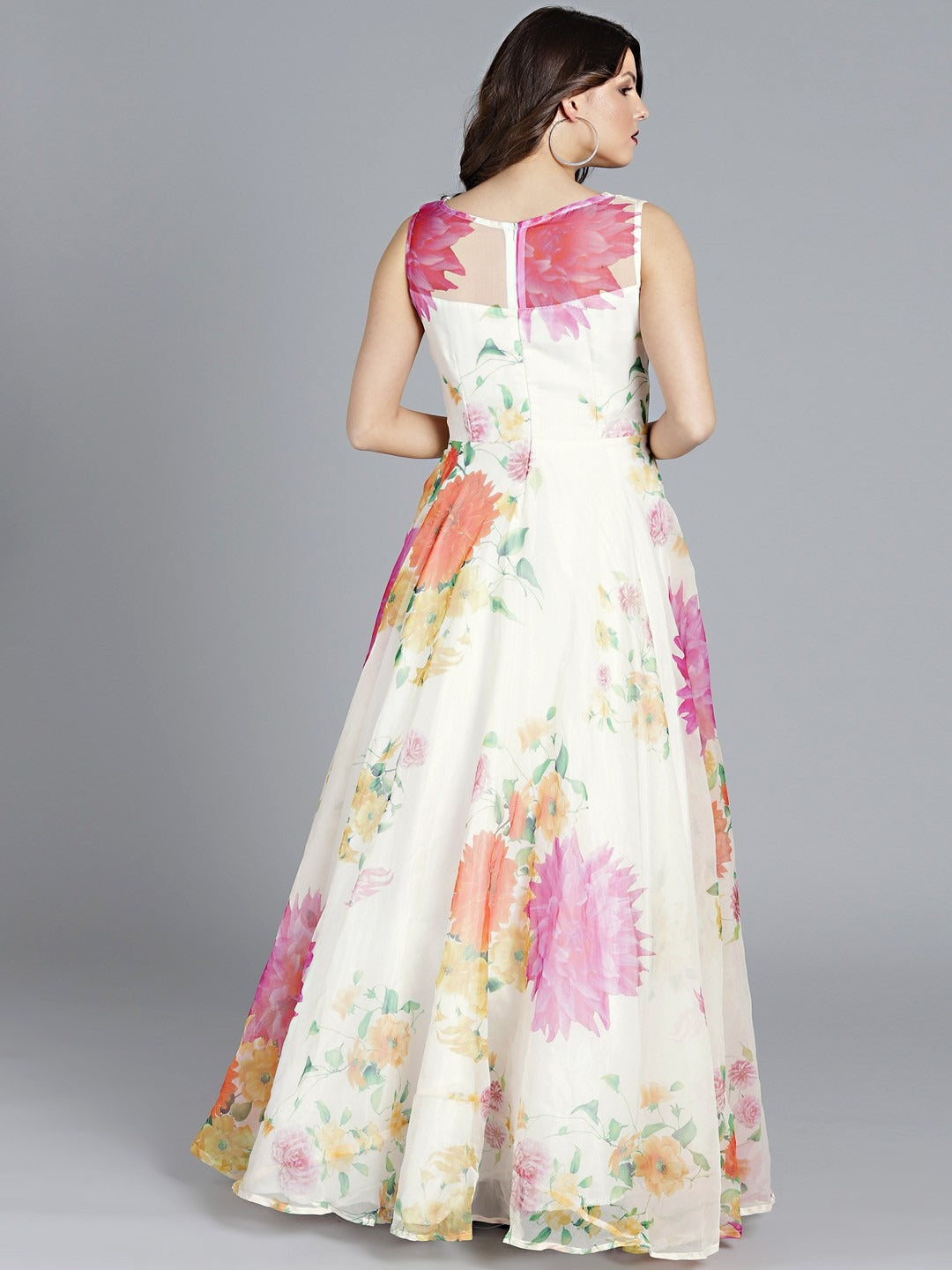 Bollywood Vogue Ready To Wear White Boat Neck Organza Gown - Back View