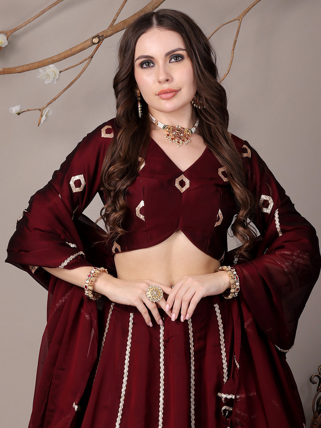 Bollywood Vogue Ready To Wear Wine Silk Embroidered Kali Style Lehenga - Detail View