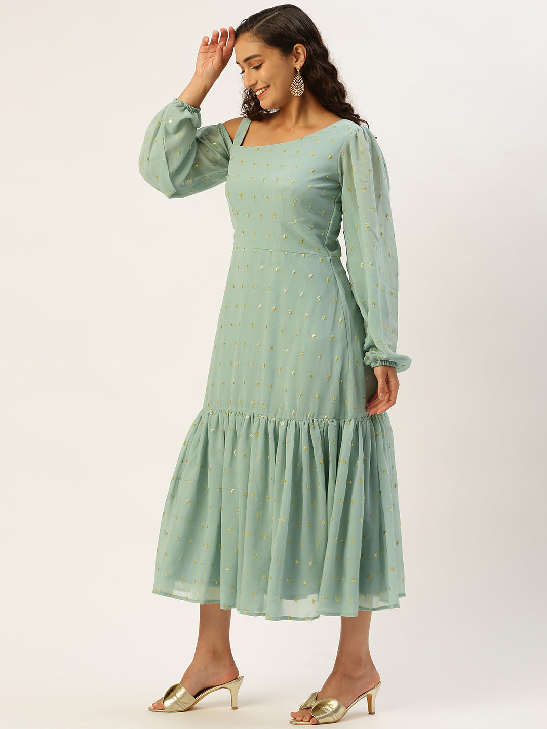 Bollywood Vogue Ready To Wear Green Georgette Embroidered Dress - Detail View
