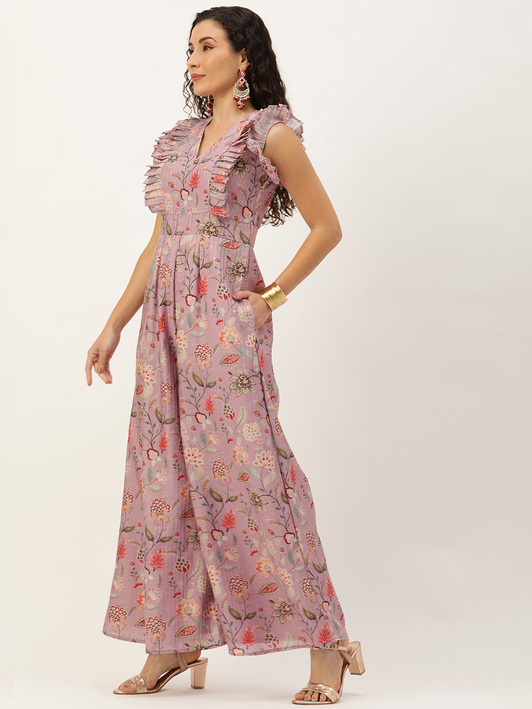 Bollywood Vogue Ready To Wear Mauve Digital Printed Art Silk Jumpsuits - Side View