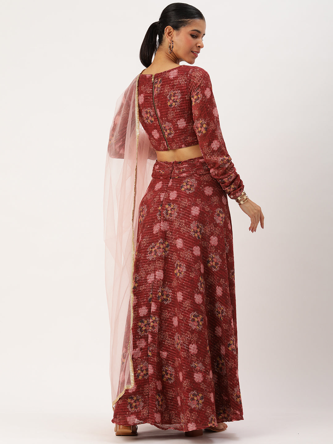 Bollywood Vogue Ready To Wear Wine Georgette Digital Printed Lehenga Set - Back View
