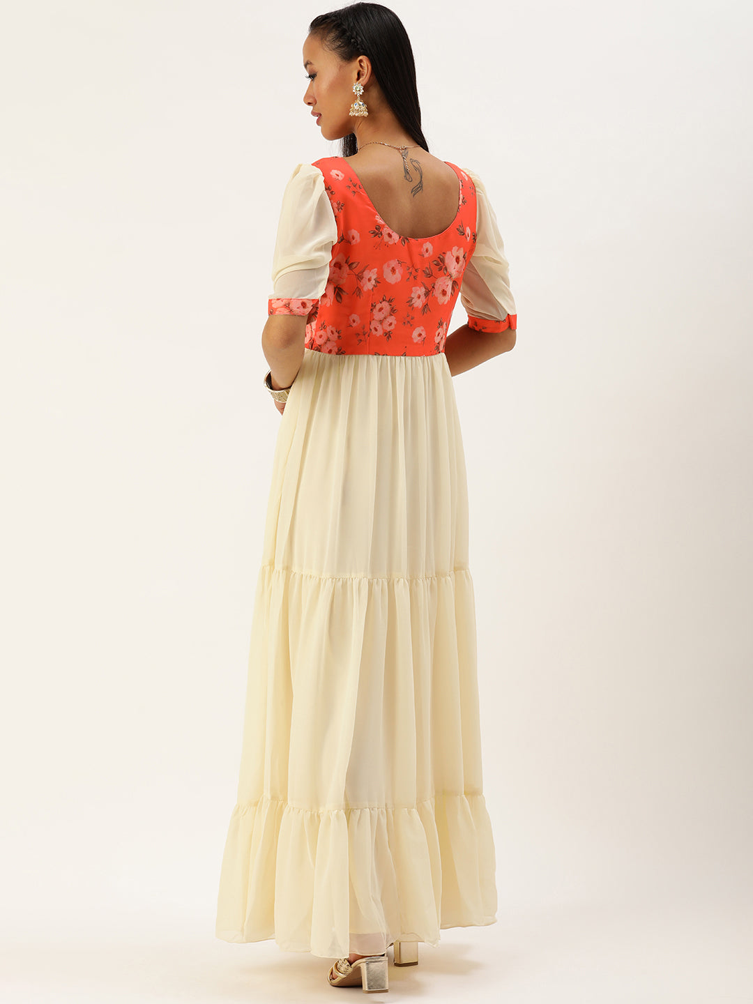 Bollywood Vogue Ready To Wear Orange N Off White Printed Dress - Back View