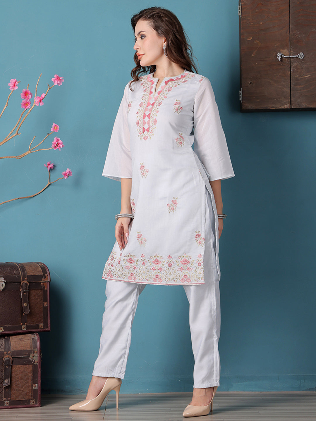 Bollywood Vogue Ready To Wear Pastel Blue Embroidered Straight Pant Suit - Side View