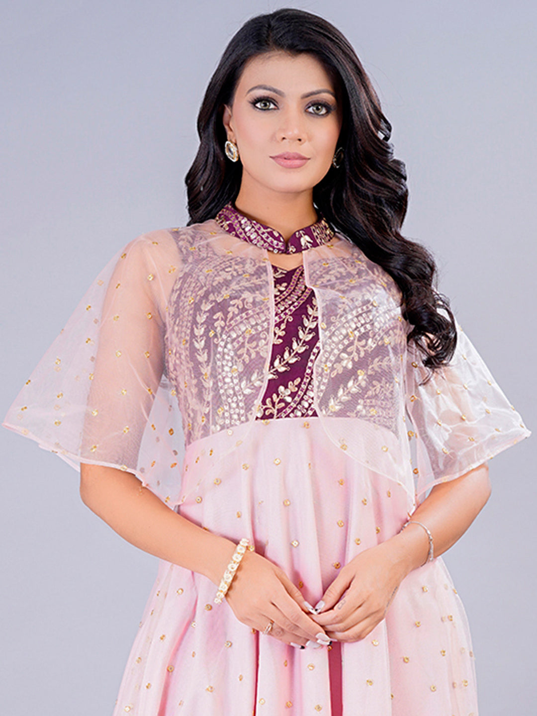 Bollywood Vogue Ready To Wear Wine Chinon N Pink Net Embroidered Gown With Cape - Look Shot