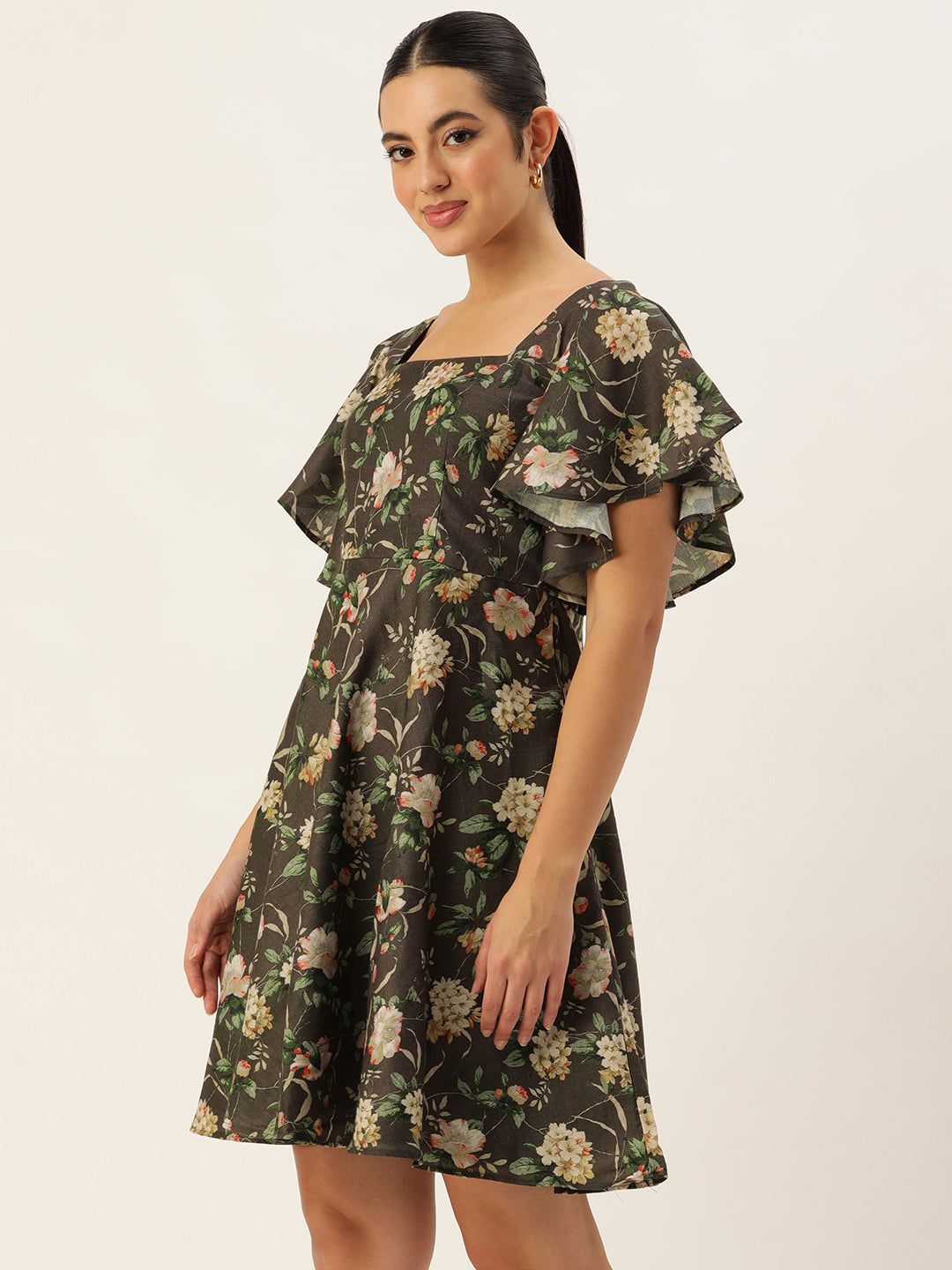 Bollywood Vogue Ready To Wear Grey Printed Cotton Dress - Side View