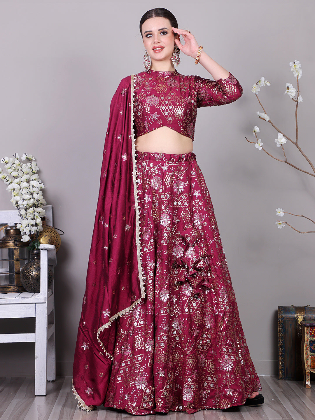 Bollywood Vogue Ready To Wear Classic Blouse With Wine Embroidered Lehenga Set - Front View