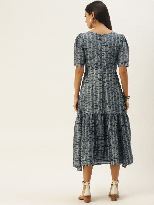 Bollywood Vogue Ready To Wear Grey N Black Muslin Gathered Style Dress - Back View