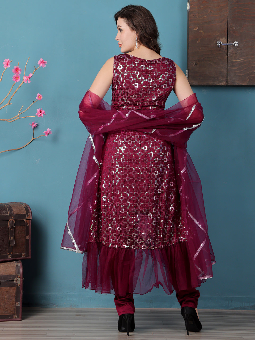 Bollywood Vogue Ready To Wear Wine Georgette Asymmetrical Straight Pant Suit - Back View